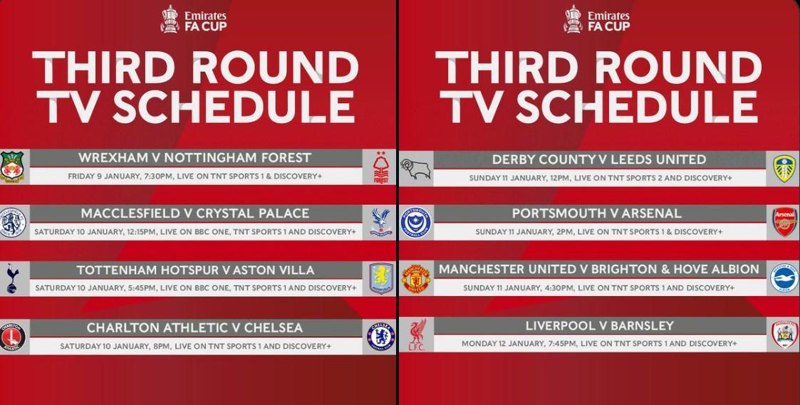 足總杯第3輪開球時(shí)間：1月11日熱刺vs維拉，12日曼聯(lián)vs布萊頓