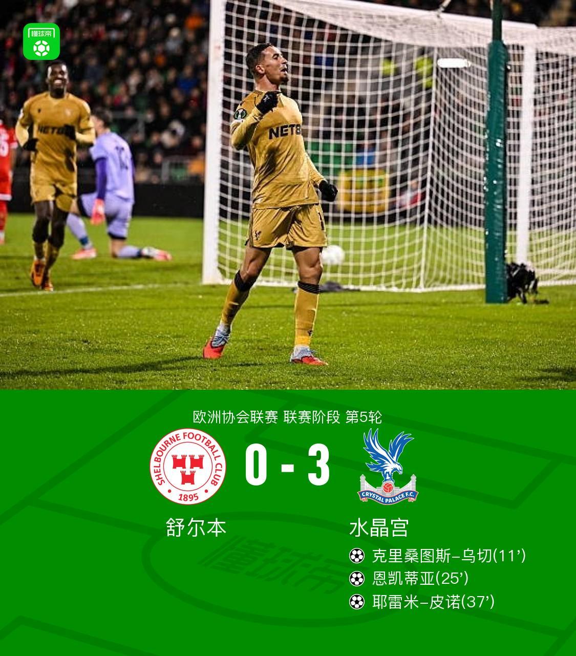 水晶宮3-0舒爾本，恩凱蒂亞破門，皮諾建功