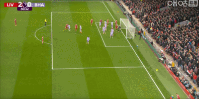 第60分鐘，薩拉赫角球助攻，?；倏祟^球完成梅開二度！利物浦2-0領(lǐng)先布萊頓